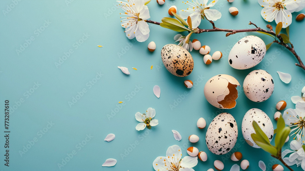 Banner with handmade easter garland with bunnies and easter eggs. Beautiful simple AI generated image in 4K, unique.