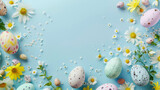 Easter eggs and spring flowers on blue wooden background. Top view. Beautiful simple AI generated image in 4K, unique.