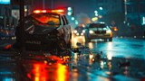 Wrecked Vehicle with Emergency Lights Reflecting on Wet Urban Roadway at Night