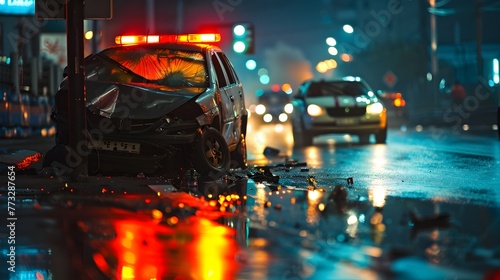 Wrecked Vehicle with Emergency Lights Reflecting on Wet Urban Roadway at Night