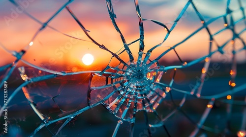 Shattered Windshield Reflecting Vibrant Sunset,Symbolizing Resilience in the Face of Adversity
