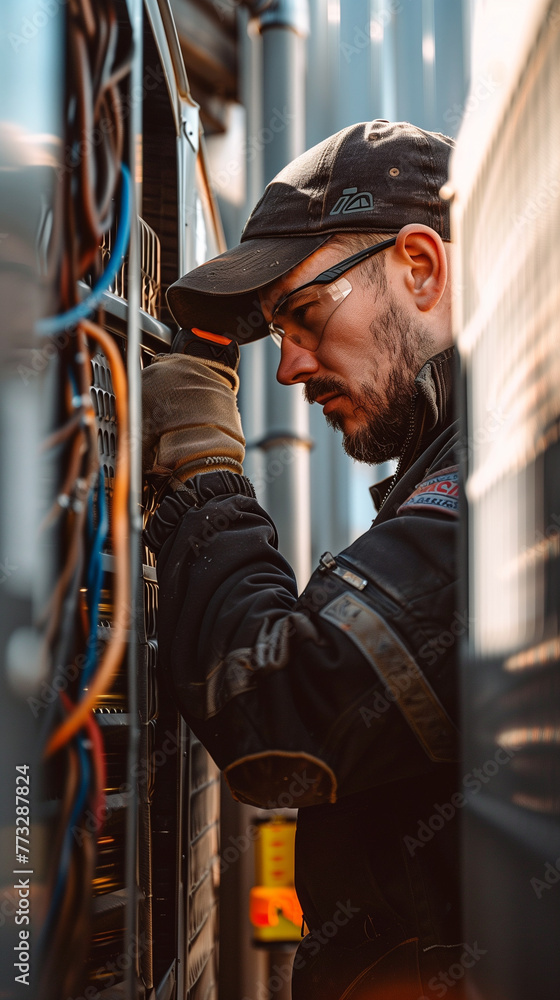 Technician working on an industrial air conditioning system, practical skills in the maintenance of the equipment Technician working on an industrial air conditioning system, practical skills in the maintenance of the equipment