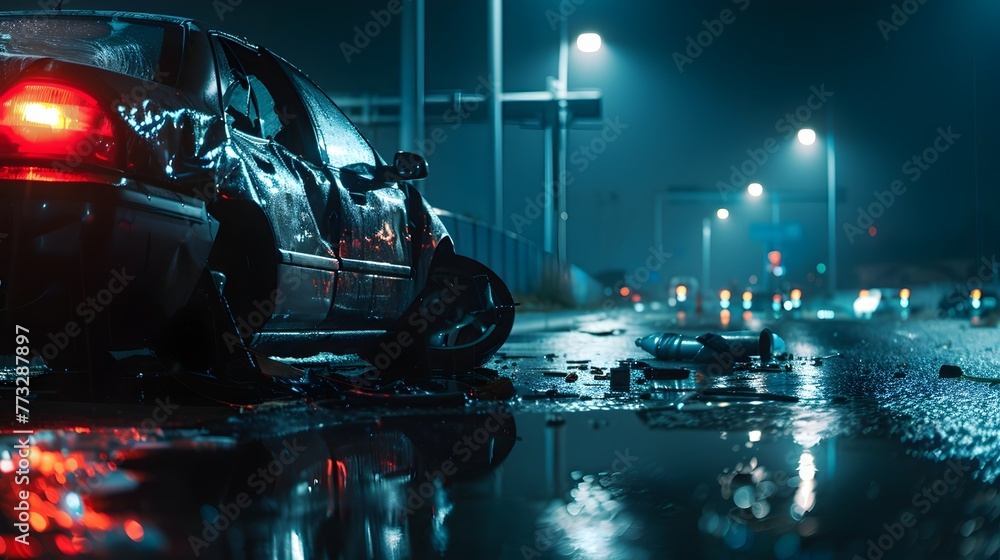 Damaged Car at Night with Emergency Lights Reflecting on Wet Pavement in Dramatic Urban Scene