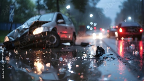 Aftermath of a Severe Car Collision in Rainy Urban Street Highlights Importance of Driving Safely
