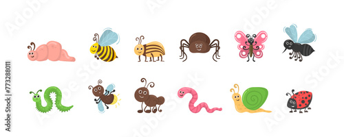 Cute cartoon bug worm funny doodle character in flat design. Set of kawaii insect isolated on white background. Funny caterpillar and butterfly, children bug, worm, mosquito and spider. Vector. photo