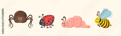 Cute cartoon bug worm funny doodle character in flat design. Set of kawaii insect isolated on white background. Funny caterpillar and butterfly, children bug, worm, mosquito and spider. Vector.