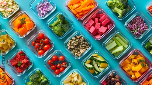 Organized meal prep with colorful food compartments against a teal background photo