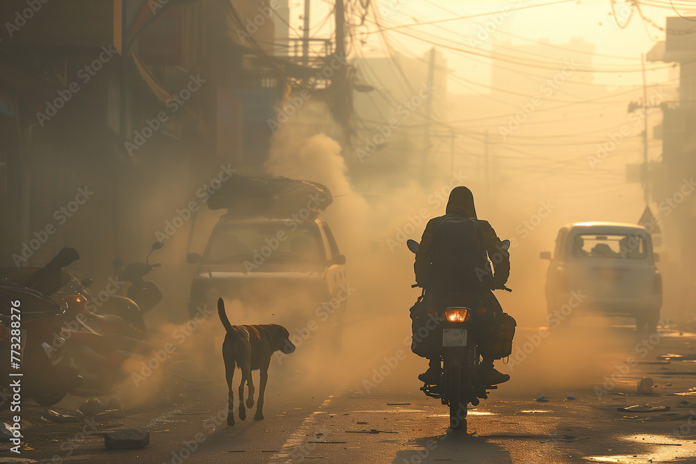 Chien et homme sur une moto dans la ville avec des nuages de fumée et de pollution - c'est difficile de respirer sur terre avec la pollution - obrazy, fototapety, plakaty 