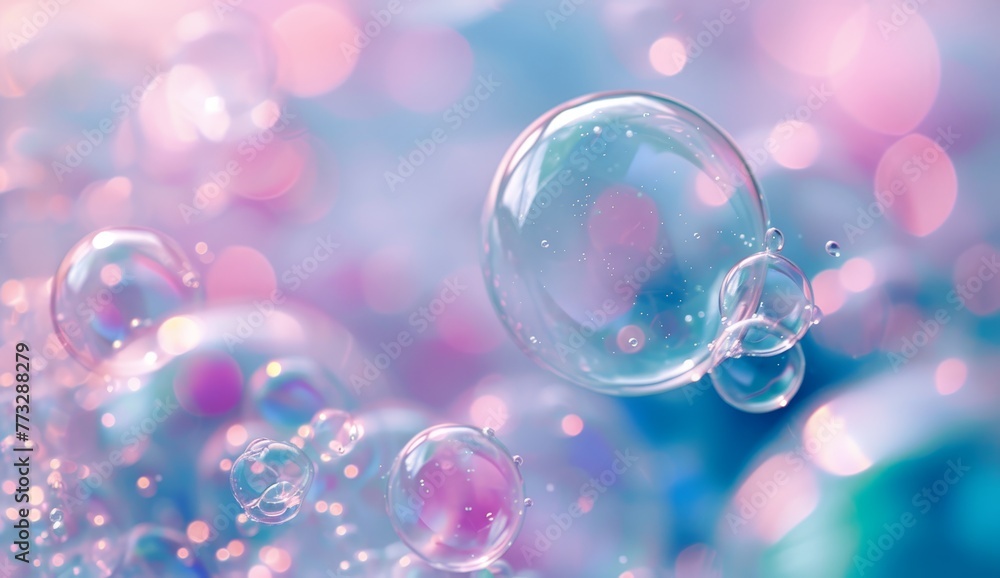   A collection of bubbles afloat against a backdrop of blue and pink, teeming with numerous bubbles overlapping