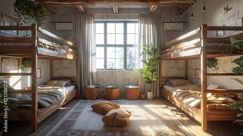 Sunny hostel room with polished wooden bunk beds and a cozy single bed by a window