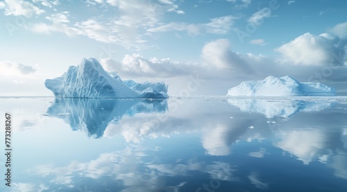   A collection of icebergs afloat on a water body, surrounded by clouds in the sky photo