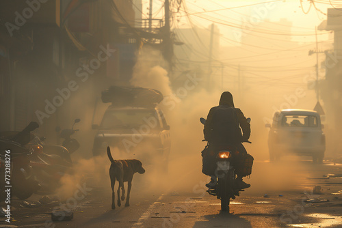Chien et homme sur une moto dans la ville avec des nuages de fumée et de pollution - c'est difficile de respirer sur terre avec la pollution
