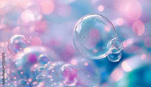  A collection of bubbles afloat against a backdrop of blue and pink, teeming with numerous bubbles overlapping
