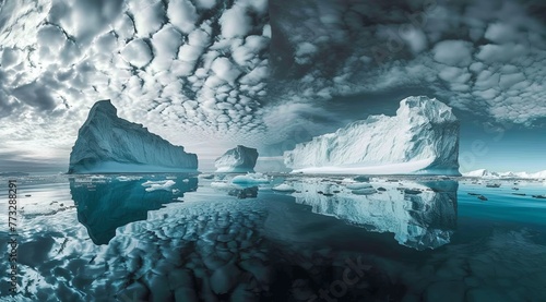   A cluster of icebergs afloat on a water body, surrounded by more icebergs beneath a cloud-covered sky photo