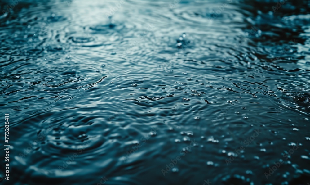 A tight shot of water droplets on a body of water's surface, backed by a blue sky A tight shot of water droplets on a body of water's surface, backed by a blue sky