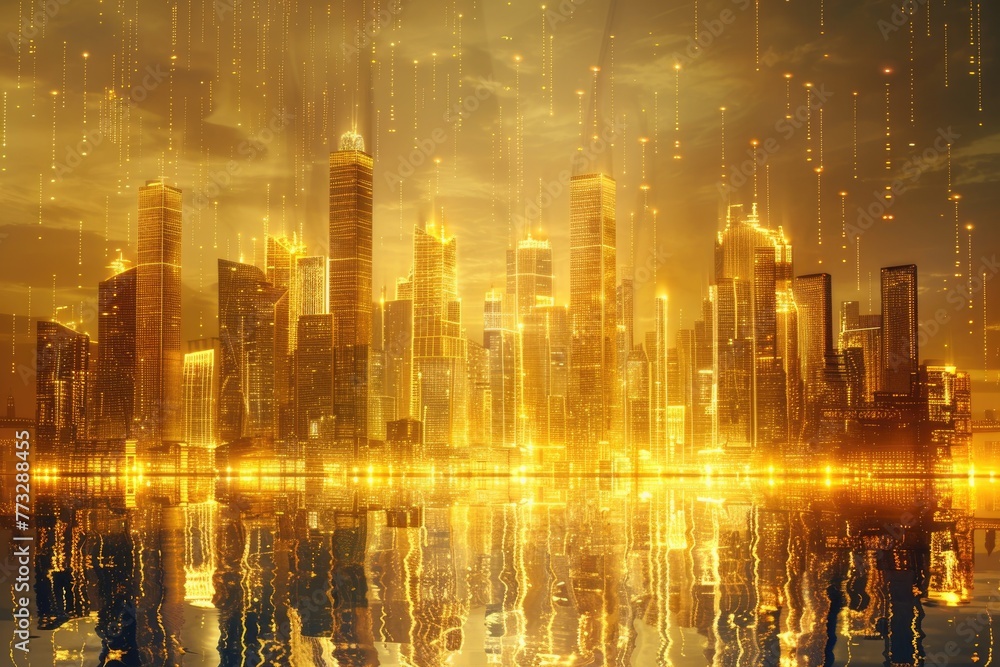 Goldpowered futuristic cityscape, skyscrapers glowing with prosperity, renewable energy in action