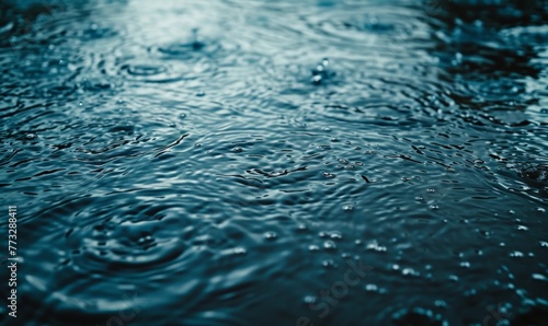  A tight shot of water droplets on a body of water's surface, backed by a blue sky
