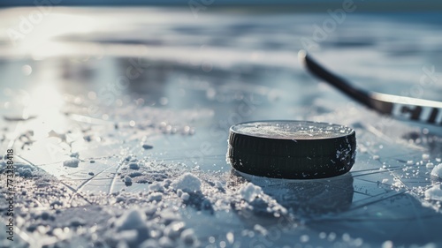 Hockey puck and stick on ice.