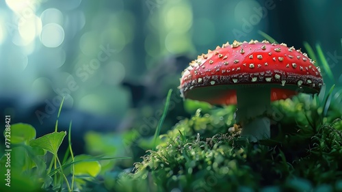 Red mushroom with white spots on mossy ground.