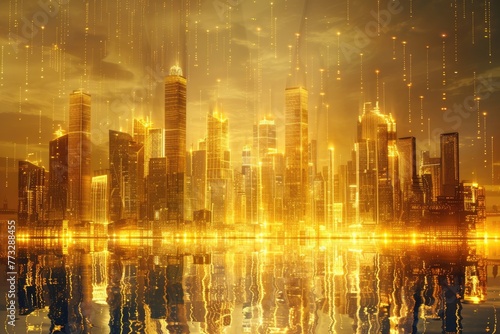 Goldpowered futuristic cityscape, skyscrapers glowing with prosperity, renewable energy in action © Pungu x