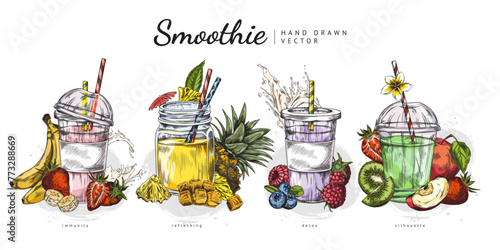 Hand drawn vector set of smoothies with fruits and berries. © sabelskaya