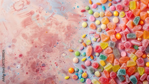 Assorted colorful candies scattered on surface.