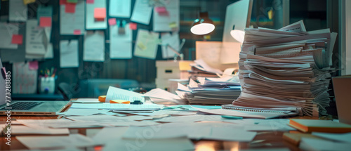 A messy desk with a pile of papers. Selective focus, blurred background photo