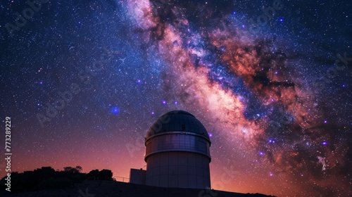 Large Telescope Observing Night Sky Atop Hill photo