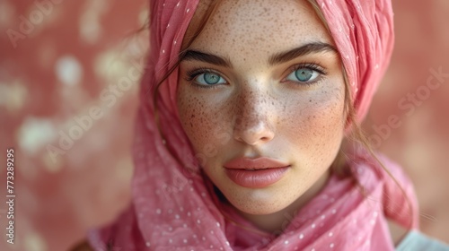   A woman dons a pink headscarf and a polka-dot scarf, her hair adorned with freckles, her eyes blue