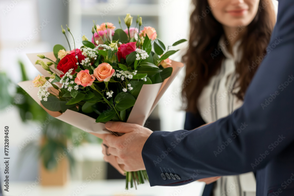 A man discreetly presents a bouquet to a businesswoman at her desk
