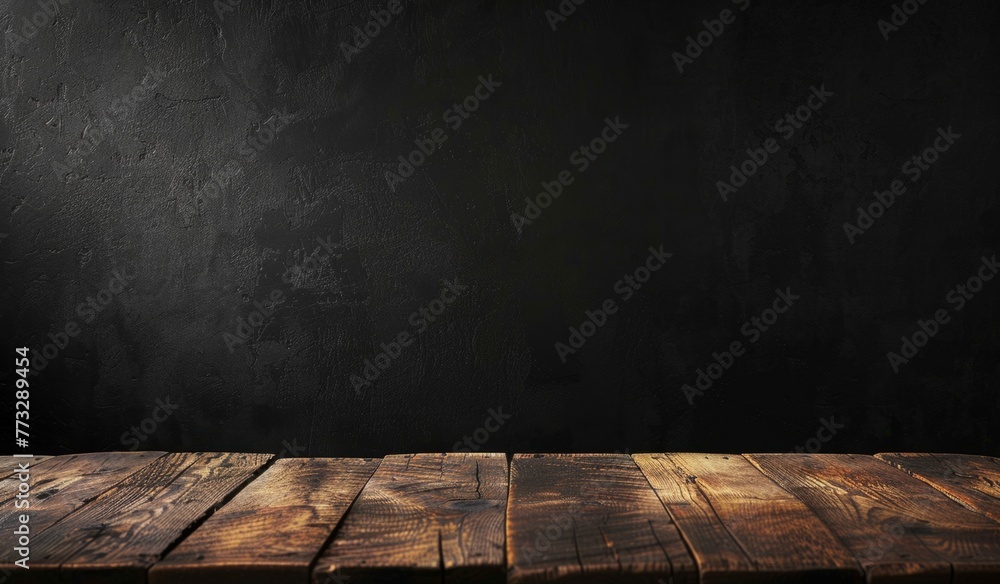Empty old wood table and black background for product display presentation with space on the right side Generative AI Empty old wood table and black background for product display presentation with space on the right side Generative AI