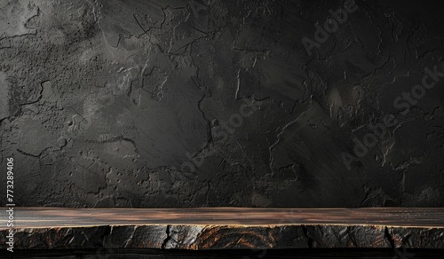 Empty old wood table and black background for product display presentation with dark concrete wall texture background Generative AI