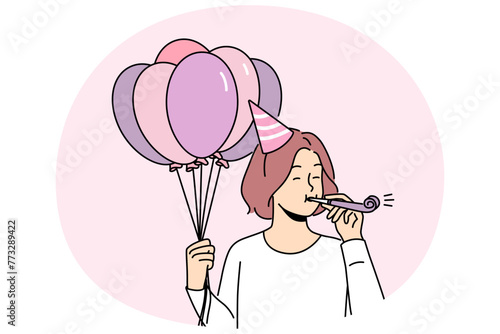Excited girl with balloons blow in whistle celebrate birthday. Happy woman have fun on anniversary celebration. Vector illustration.