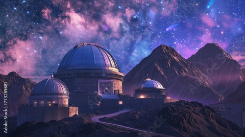Group of Telescopes on Mountain Summit Under Night Sky