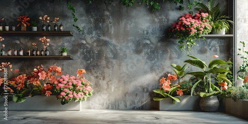 Lush and vibrant flower display in misty concrete oasis with copy space