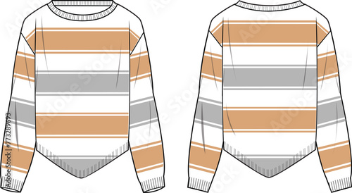 Women's Asymmetrical Hem Striped Jumper, Technical fashion illustration. Front and back, colored. Women's CAD mock-up.