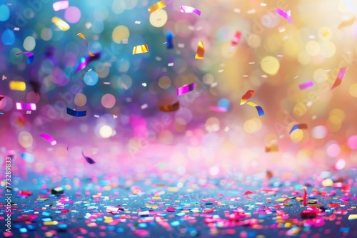 A cascade of confetti flutters like whimsical butterflies in a bokeh dreamscape, casting a festive spell over a blush-hued horizon.