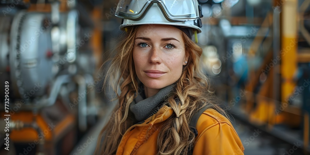 Female Engineer Leading Discussion with Workers in Heavy Industrial Factory. Concept Industrial Leadership, Factory Environment, Female Engineer Role, Worker Communication, Team Collaboration