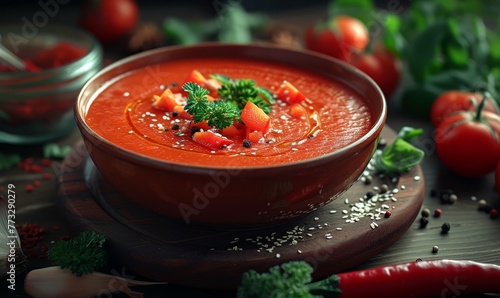  A wooden cutting board holds a bowl of tomato soup, garnished with broccoli