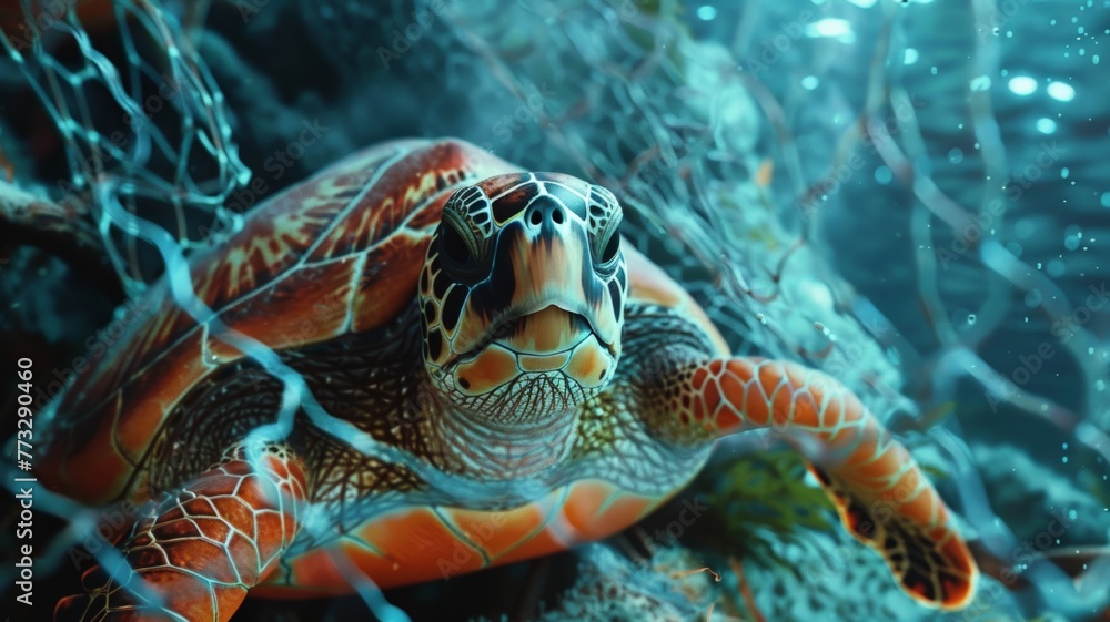 Fototapeta premium Turtles are caught in fishing nets on the seabed.World Ocean Day world environment day. Virtual image.