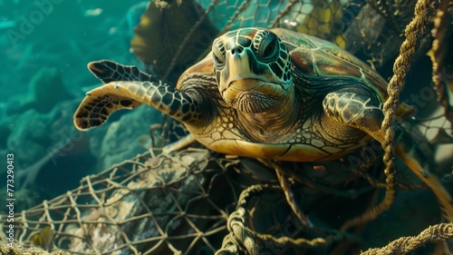 Turtles are caught in fishing nets on the seabed.World Ocean Day world environment day. Virtual image. © Tong