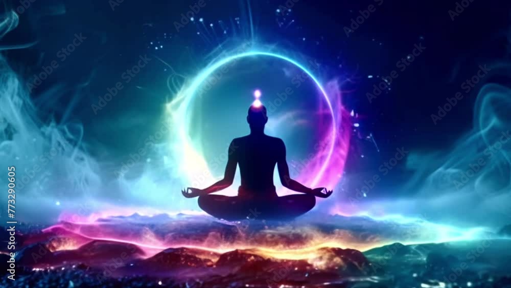 Meditation with colorful energy aura in tranquil setting. Yoga lotus pose Meditation with colorful energy aura in tranquil setting. Yoga lotus pose