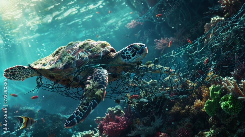 Turtles are caught in fishing nets on the seabed.World Ocean Day world environment day. Virtual image. Turtles are caught in fishing nets on the seabed.World Ocean Day world environment day. Virtual image.