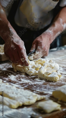Bakers hands shaping pastries, delicate finesse, buttery layers
