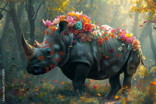  A rhino adorned with floral headgear stands centrally in a verdant forest, enveloped by a dense canopy of leaves and blooms
