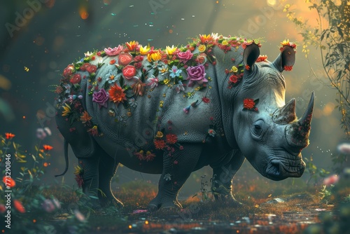  A rhino adorned with floral back decor, amidst a forest teeming with flowers covering its entire body