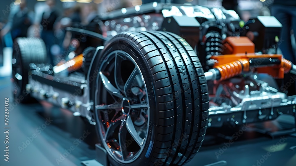 Close-up View of Cutting-edge Electric Car's Wheel and Chassis Showcasing Advanced Materials and Design
