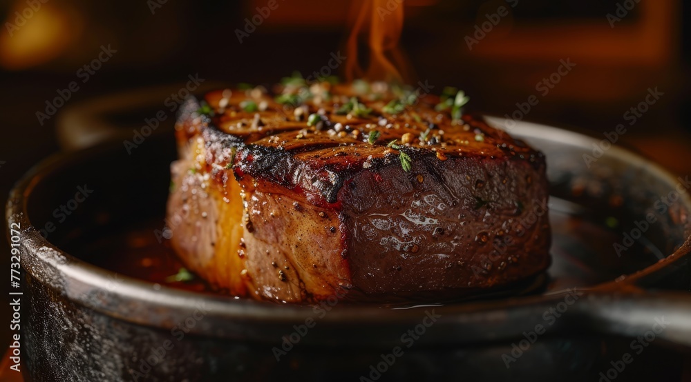 A tight shot of a meat slice on a plate, accompanied by a nearby fork Fire emerges from the meat's peak A tight shot of a meat slice on a plate, accompanied by a nearby fork Fire emerges from the meat's peak