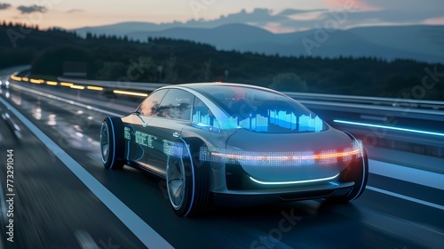 Futuristic Electric Car Navigating Scenic Highway with Holographic Dashboard Showcasing Travel Technology