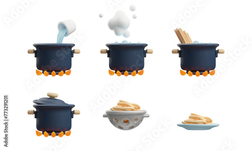 Set of pans on fire, colander and plate of food 3D style